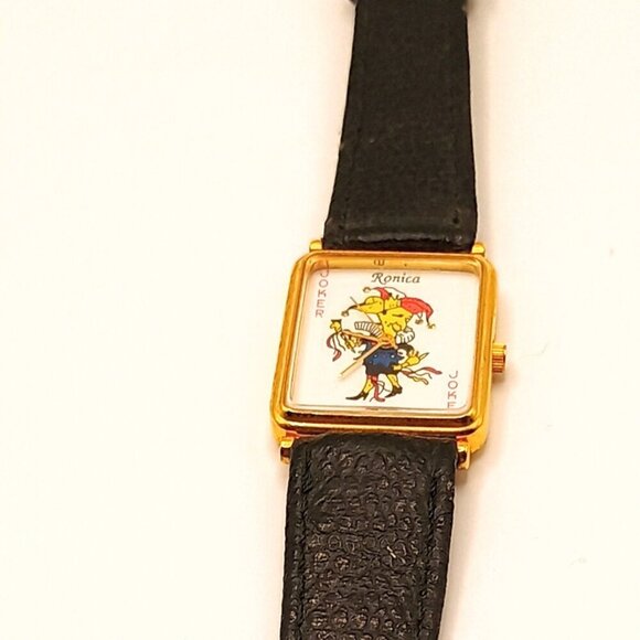 Ronica Gold Toned "Joker" Quartz Wristwatch Black Genuine Leather Band - Picture 3 of 9